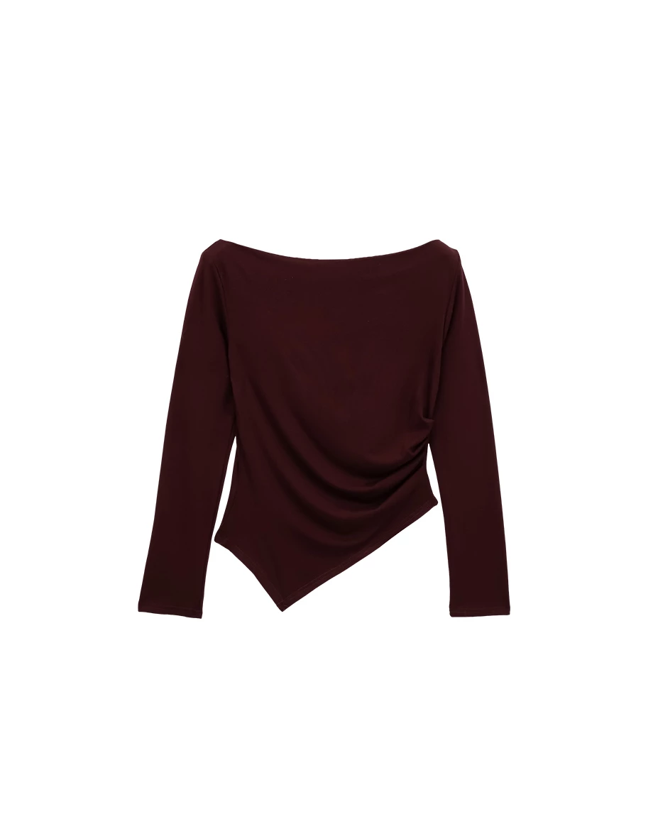 Ruched Side Draped Asymmetric Hem Long Sleeve Top