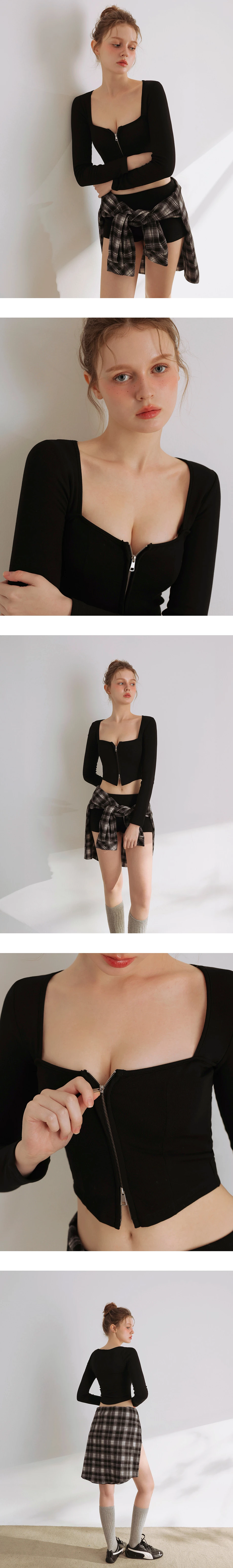 Zip Up Square Neck Long Sleeve Crop Top