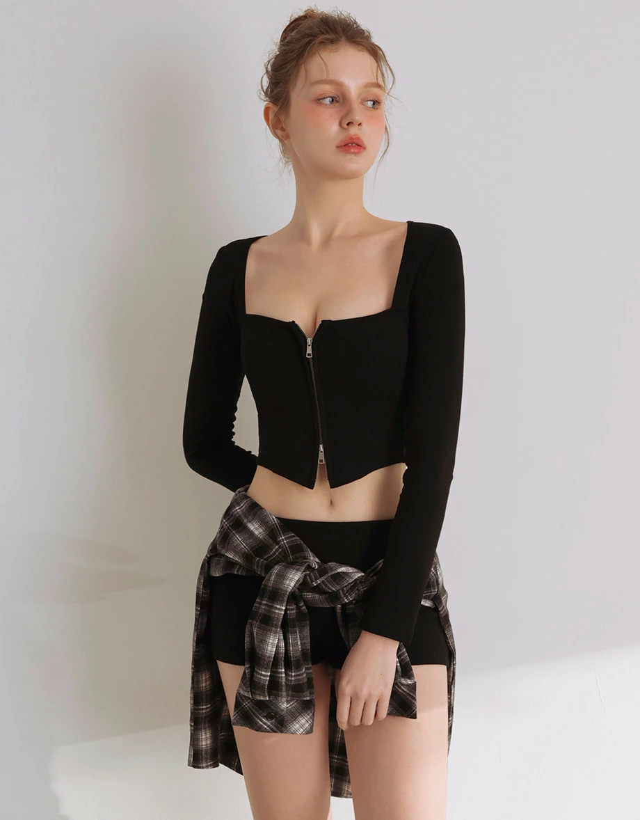 Zip Up Square Neck Long Sleeve Crop Top