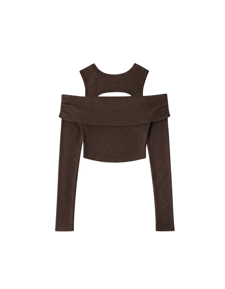 Faux 2 Piece Off Shoulder Hollow Out Knit Top