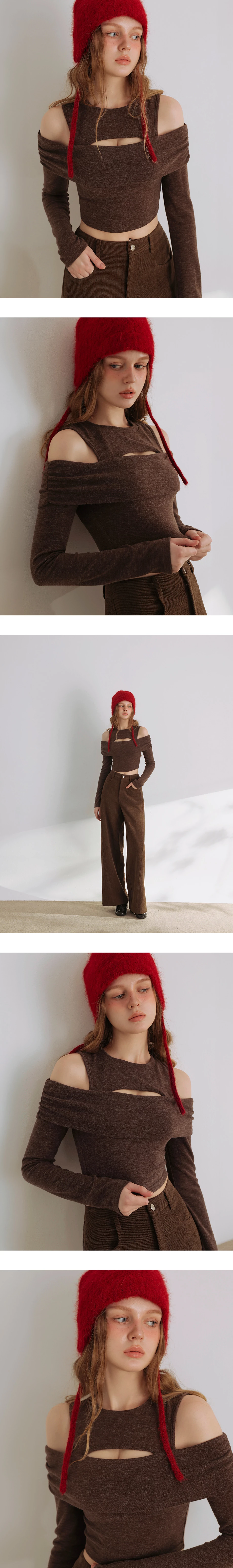 Faux 2 Piece Off Shoulder Hollow Out Knit Top