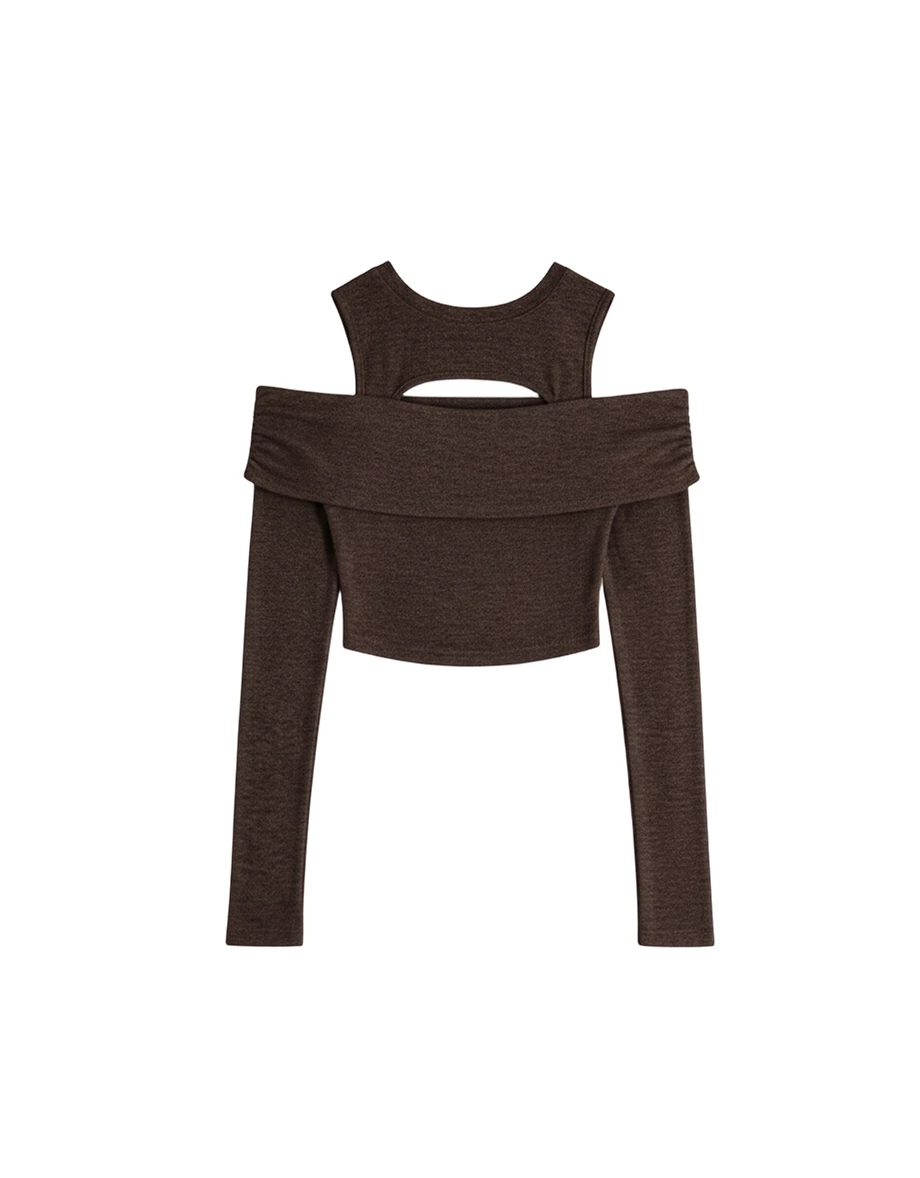 Faux 2 Piece Off Shoulder Hollow Out Knit Top