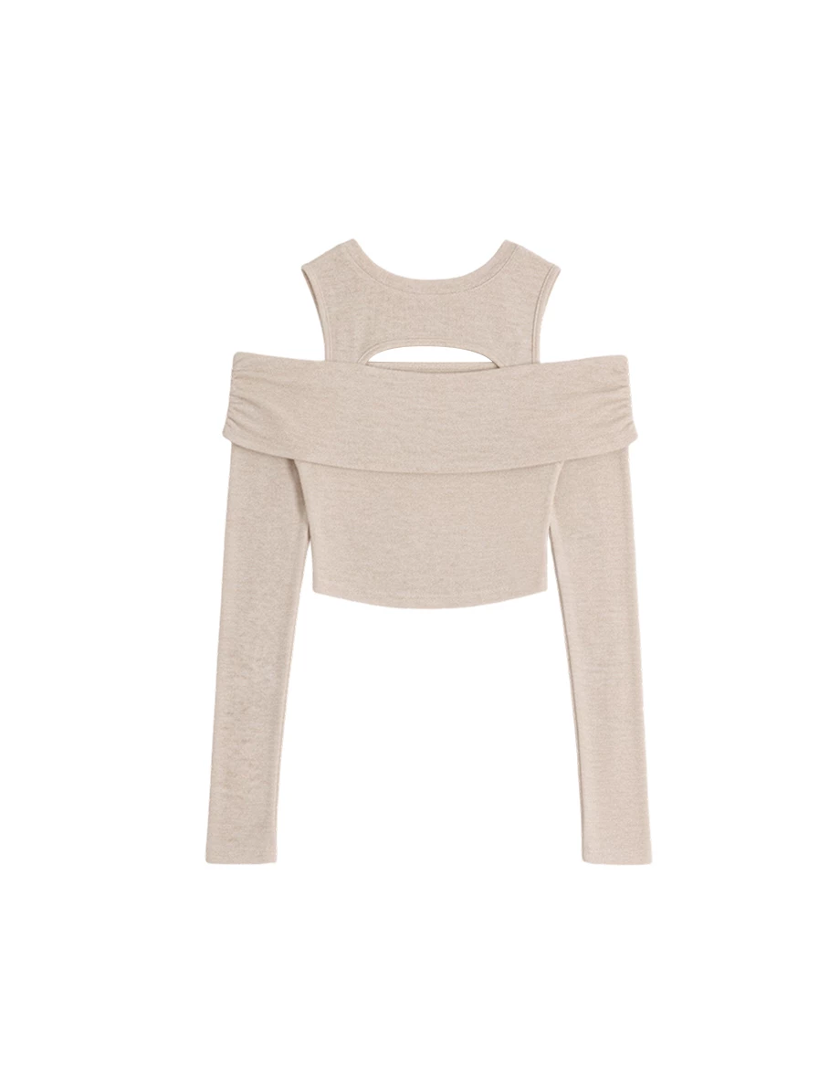 Faux 2 Piece Off Shoulder Hollow Out Knit Top