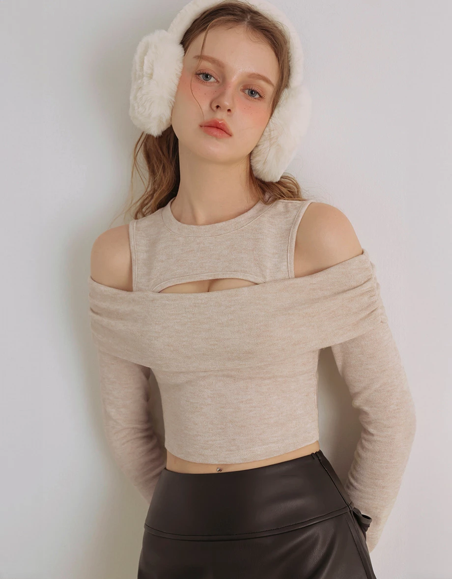 Faux 2 Piece Off Shoulder Hollow Out Knit Top