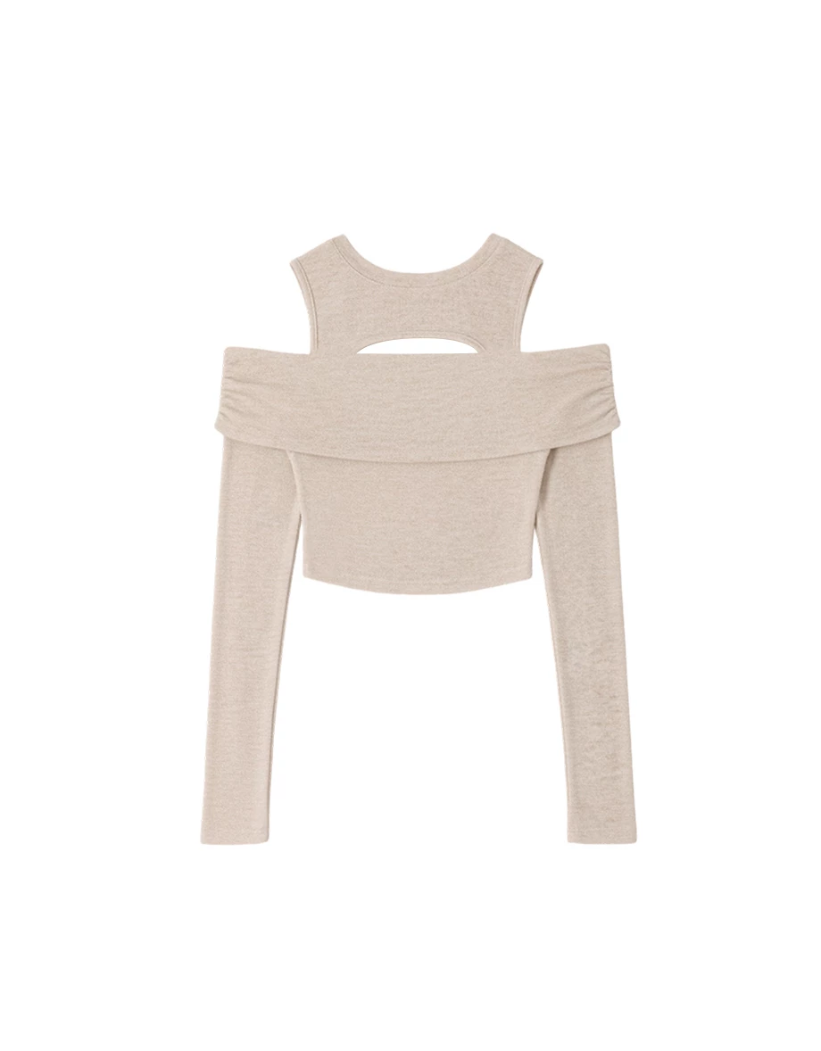 Faux 2 Piece Off Shoulder Hollow Out Knit Top