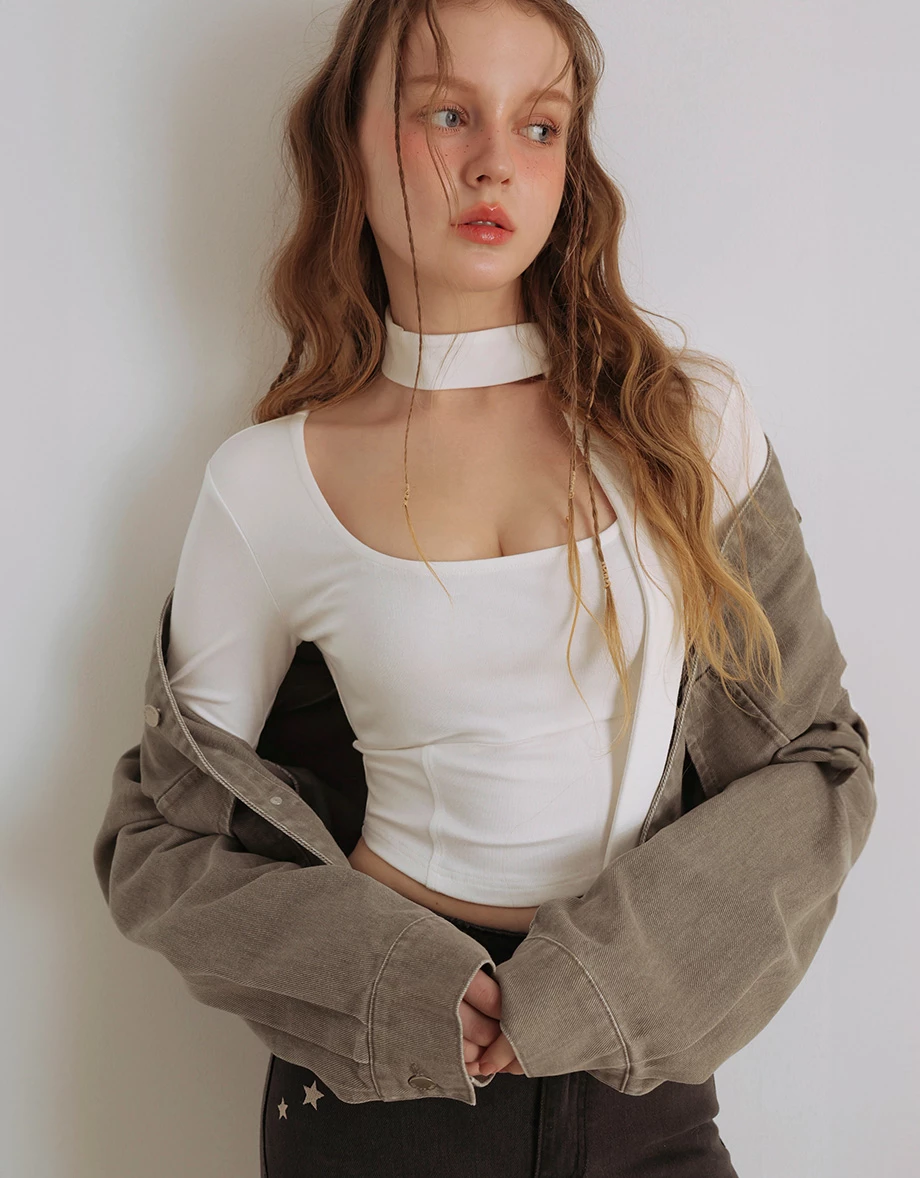 Ribbed Scoop Neck Corset Top (with Scarf)