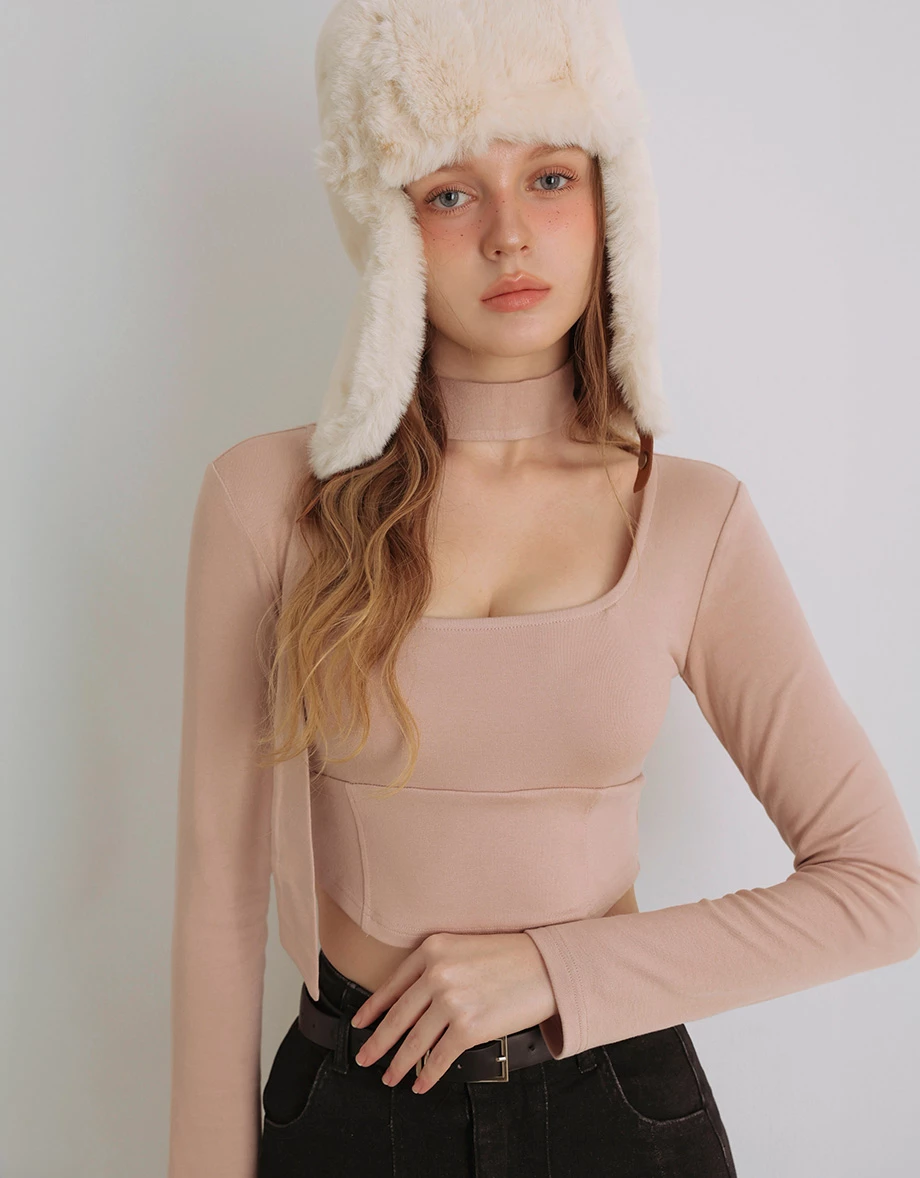 Ribbed Scoop Neck Corset Top (with Scarf)