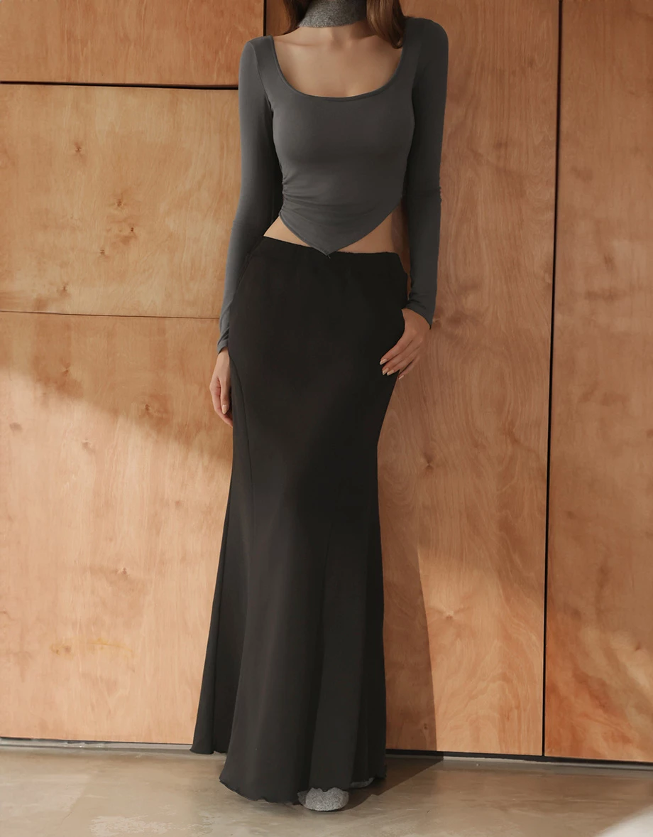 Ribbed Side Panels Flared Hem Maxi Skirt with Side Pocket Detail