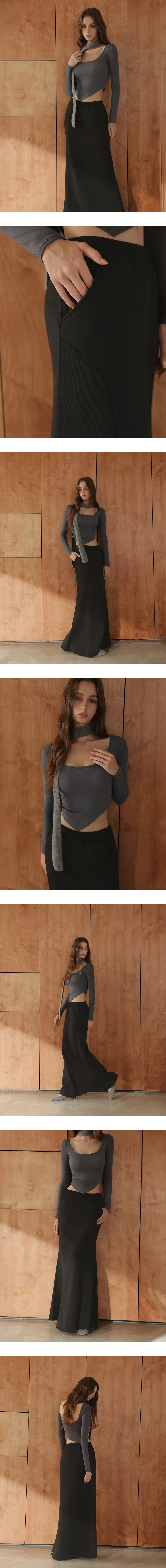 Ribbed Side Panels Flared Hem Maxi Skirt with Side Pocket Detail