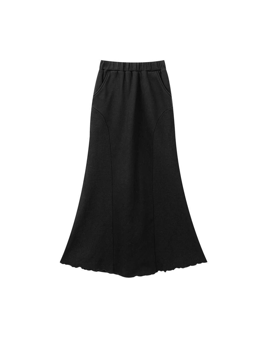 Ribbed Side Panels Flared Hem Maxi Skirt with Side Pocket Detail