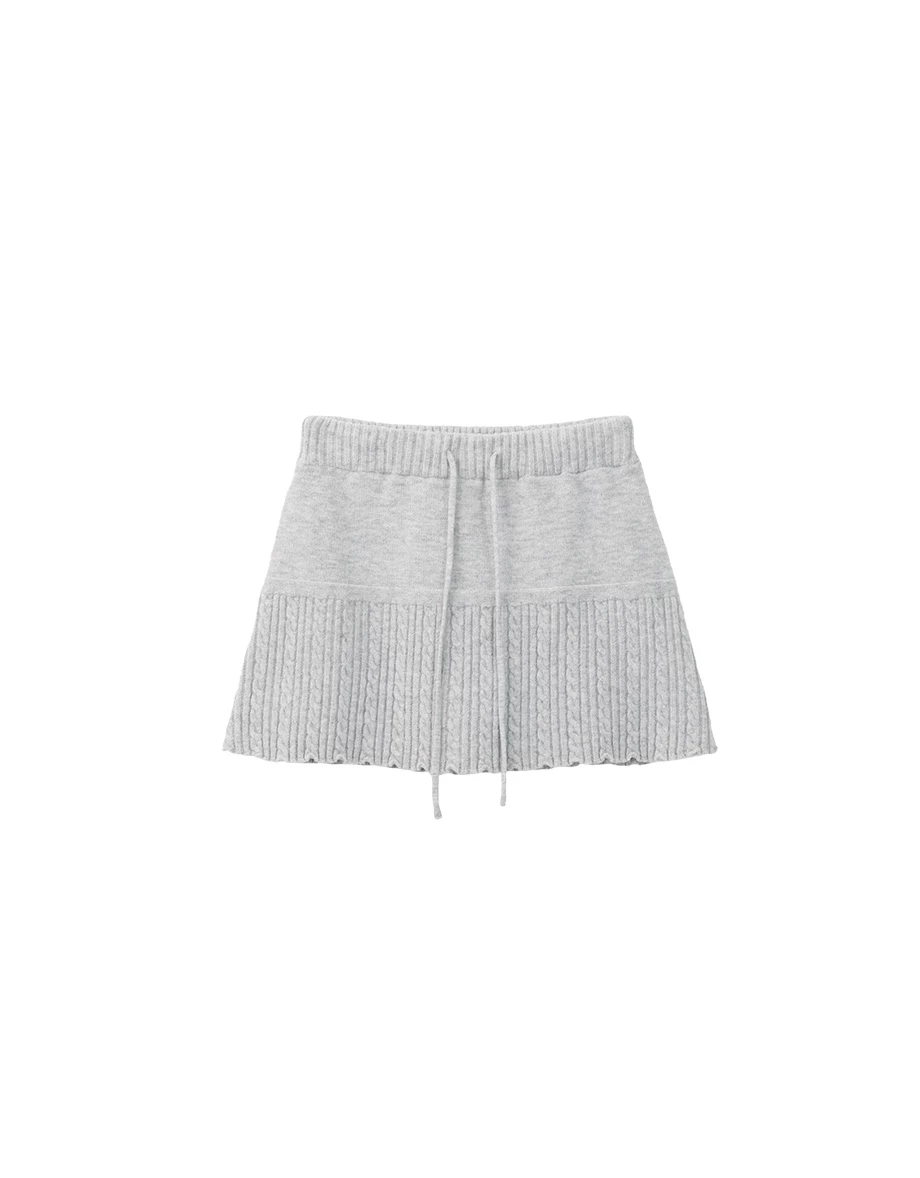 Drawstring Waist Cable Knit Hemline Mini Skirt