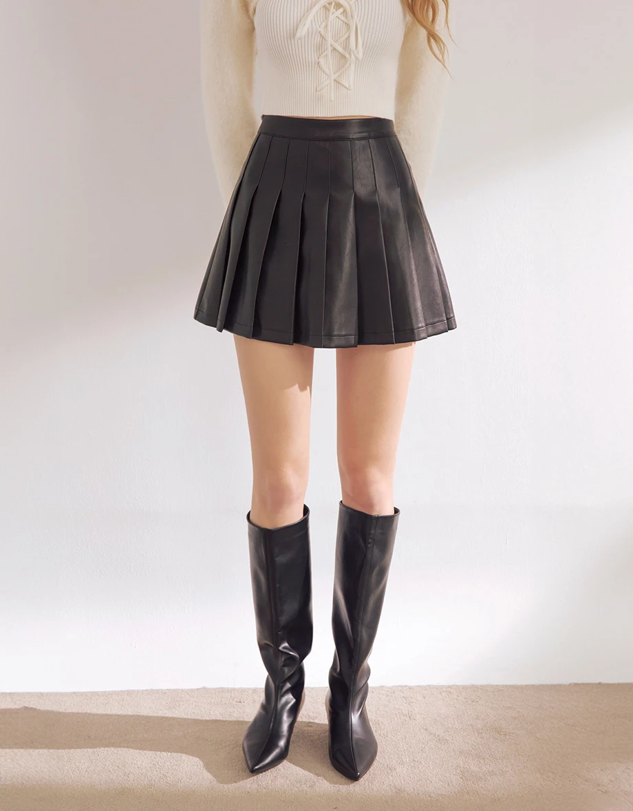 High Waist Faux Leather Pleated Mini Skirt