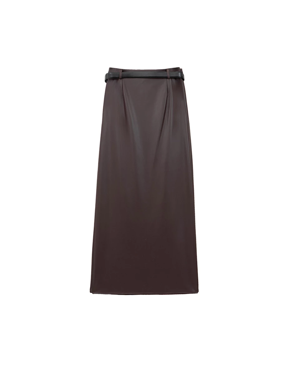 【Heat Tech】Faux Leather High Waist Front Slit Straight Maxi Skirt (with Belt)