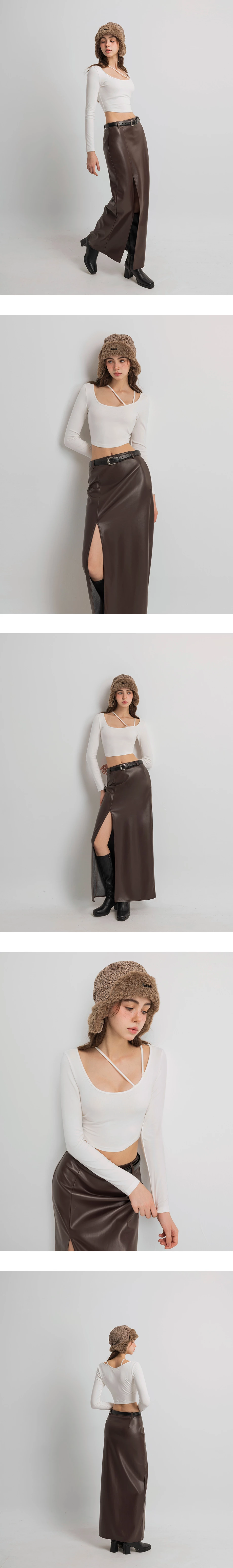 【Heat Tech】Faux Leather High Waist Front Slit Straight Maxi Skirt (with Belt)