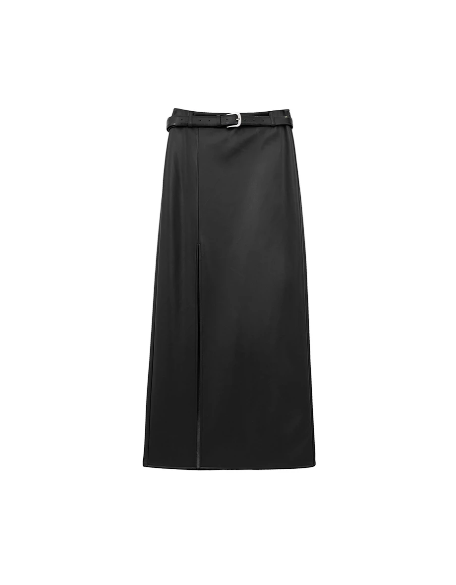 【Heat Tech】Faux Leather High Waist Front Slit Straight Maxi Skirt (with Belt)