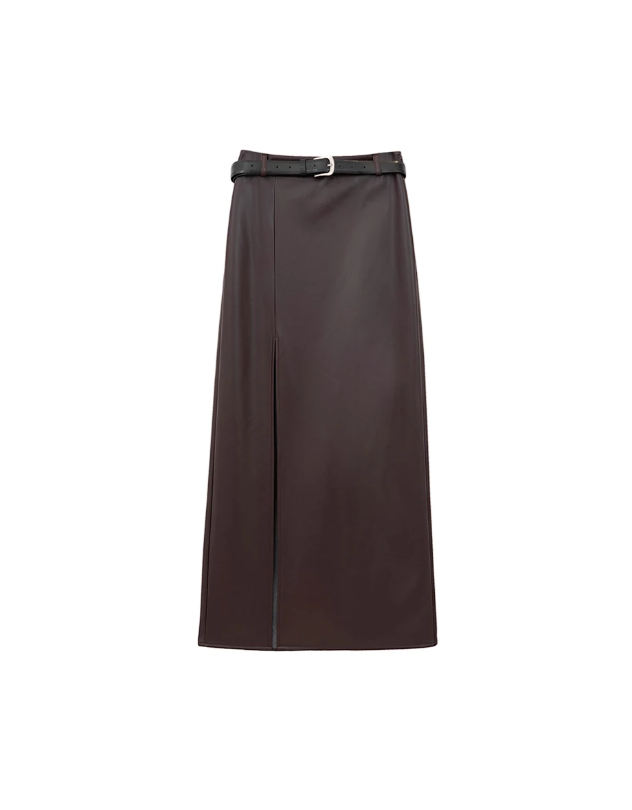 【Heat Tech】Faux Leather High Waist Front Slit Straight Maxi Skirt (with Belt)