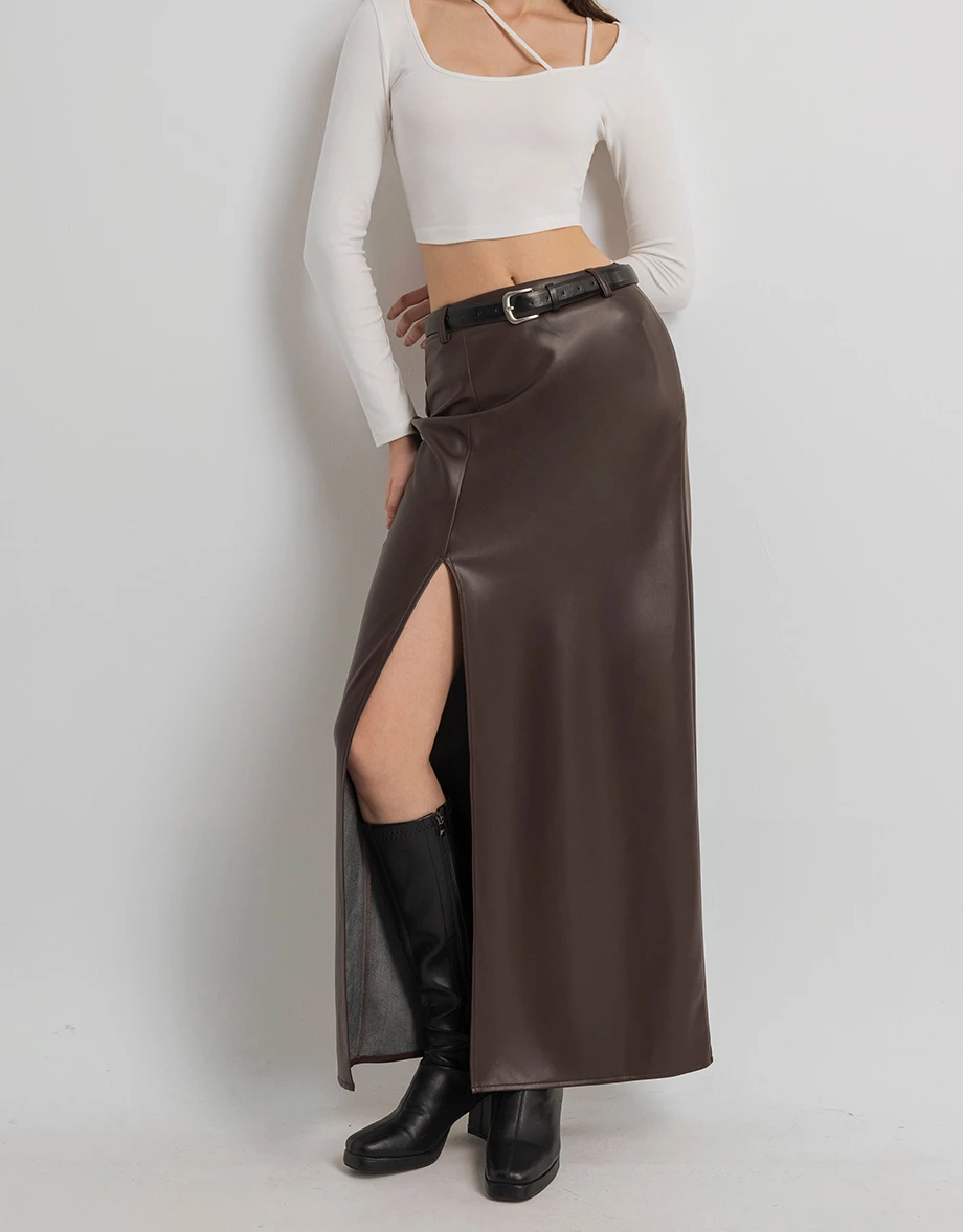 【Heat Tech】Faux Leather High Waist Front Slit Straight Maxi Skirt (with Belt)