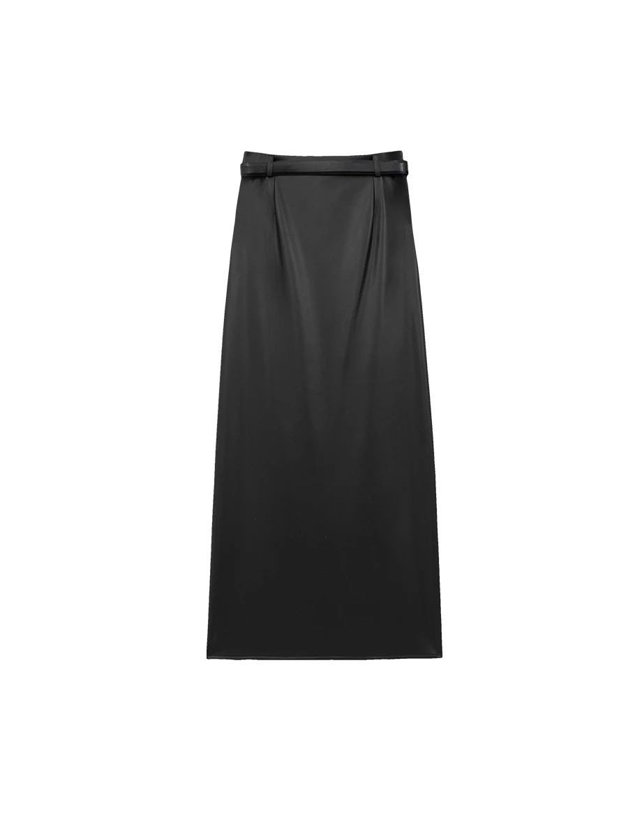【Heat Tech】Faux Leather High Waist Front Slit Straight Maxi Skirt (with Belt)