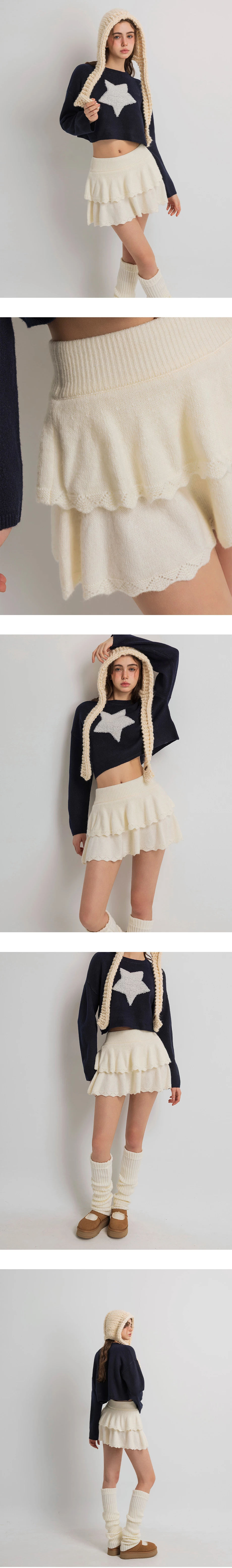 Elastic Waist Ruffle Hem Knit Tiered Mini Skirt