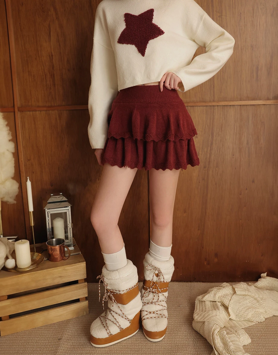 Elastic Waist Ruffle Hem Knit Tiered Mini Skirt