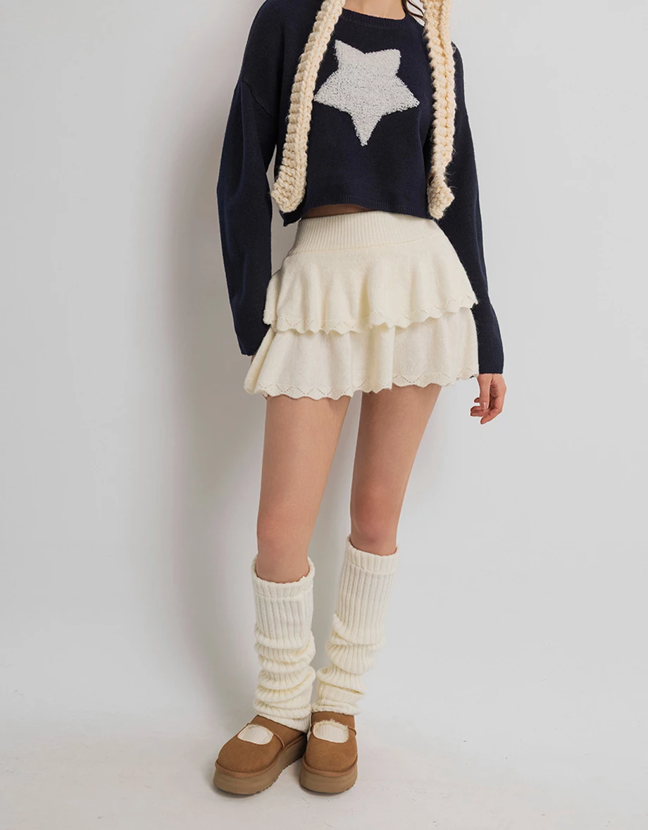 Elastic Waist Ruffle Hem Knit Tiered Mini Skirt