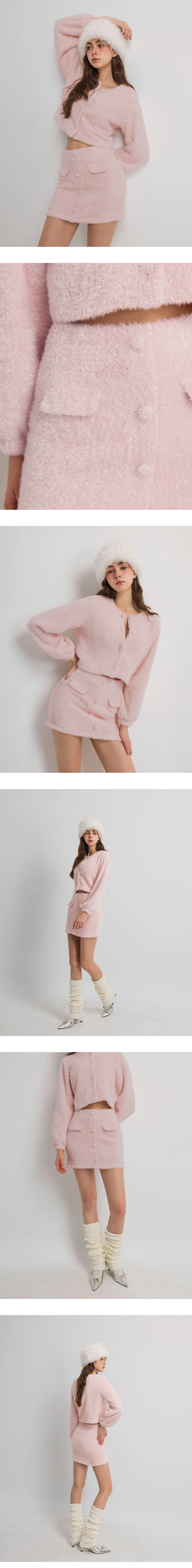 Fluffy Knit Buttoned A Line Mini Skirt with Front Pockets