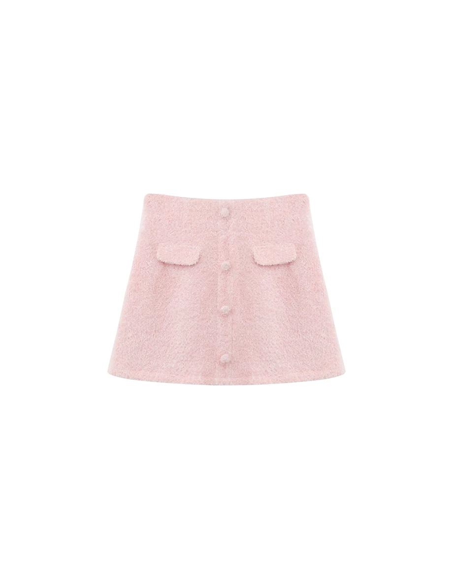 Fluffy Knit Buttoned A Line Mini Skirt with Front Pockets