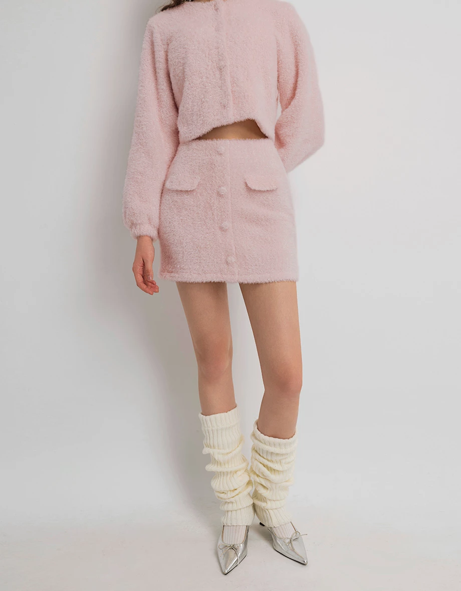 Fluffy Knit Buttoned A Line Mini Skirt with Front Pockets