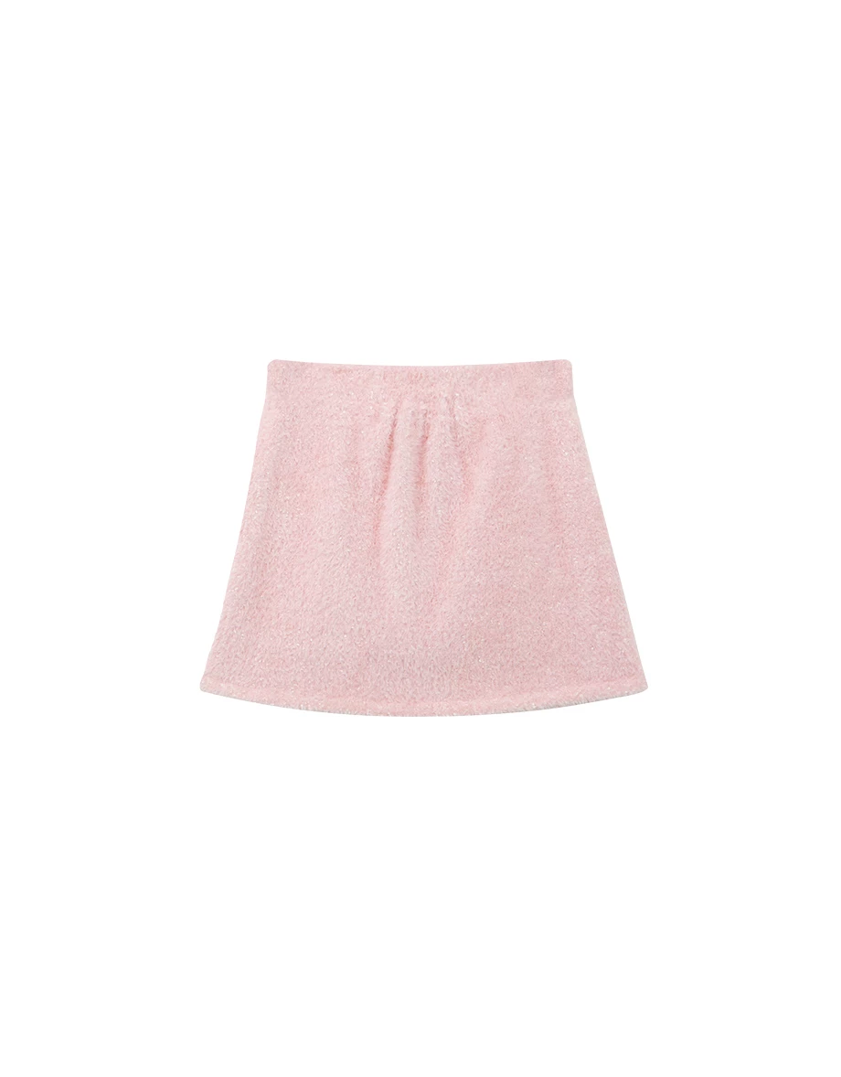 Fluffy Knit Buttoned A Line Mini Skirt with Front Pockets