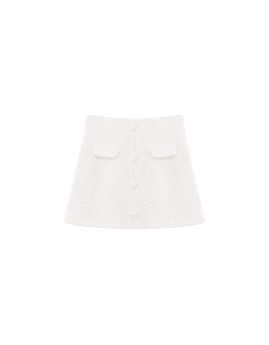 Fluffy Knit Buttoned A Line Mini Skirt with Front Pockets
