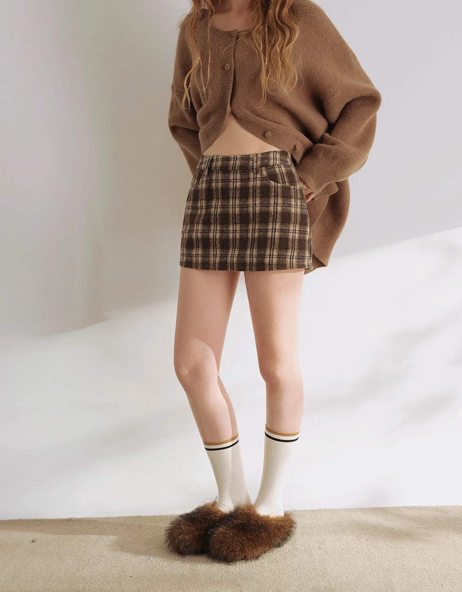 Retro Flannel Plaid A Line Mini Skirt with Pockets