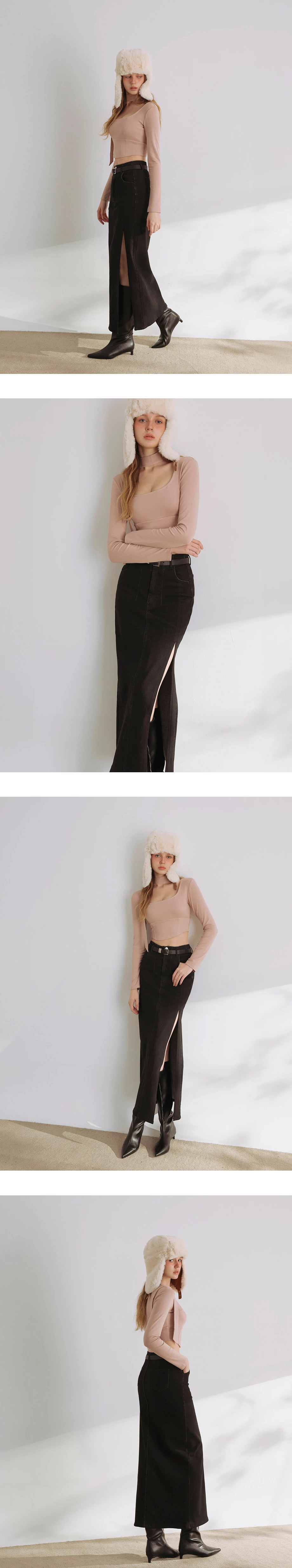 Fleece Lined High Waist Side Slit Jeans Denim Maxi Skirt (with Belt)