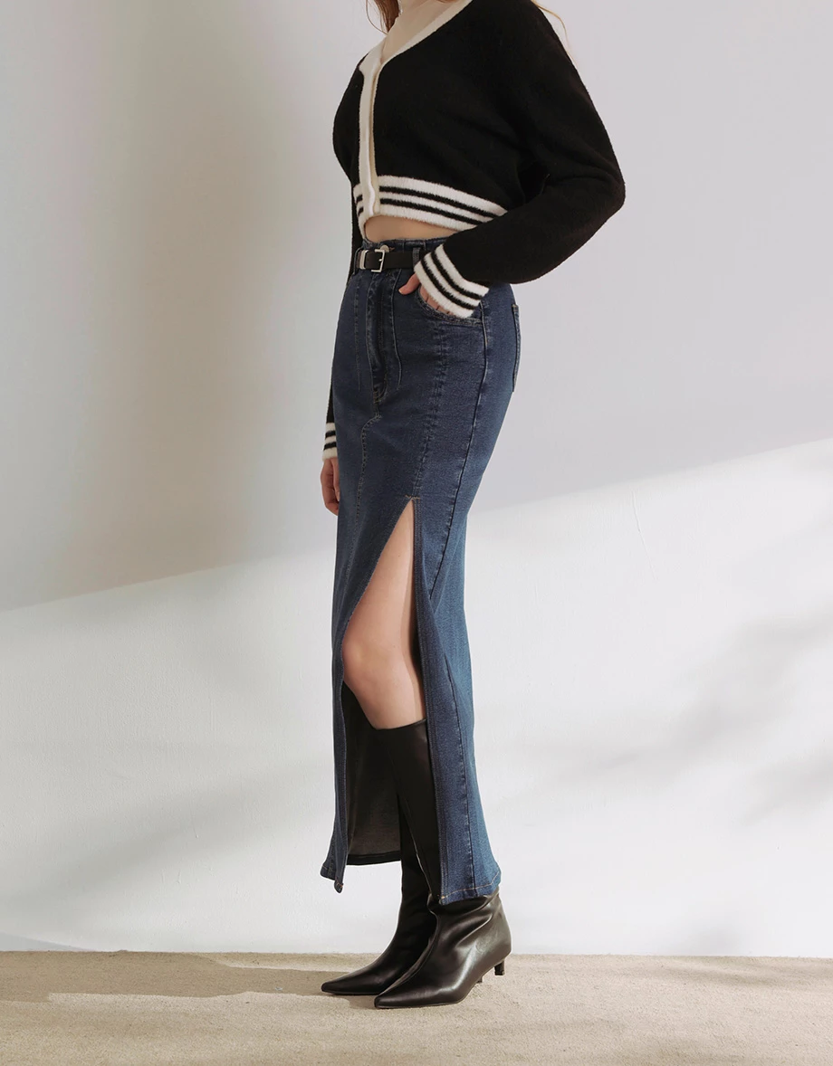 Fleece Lined High Waist Side Slit Jeans Denim Maxi Skirt (with Belt)