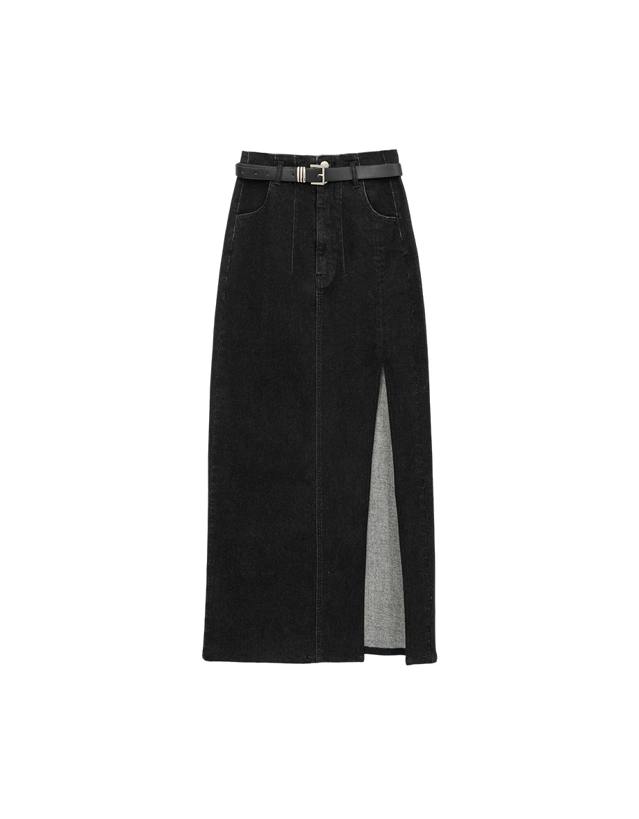 Fleece Lined High Waist Side Slit Jeans Denim Maxi Skirt (with Belt)