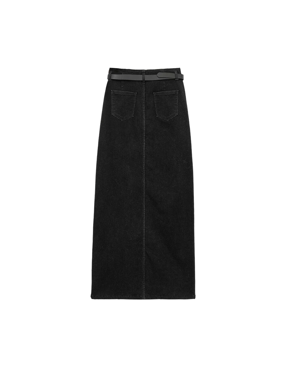 Fleece Lined High Waist Side Slit Jeans Denim Maxi Skirt (with Belt)
