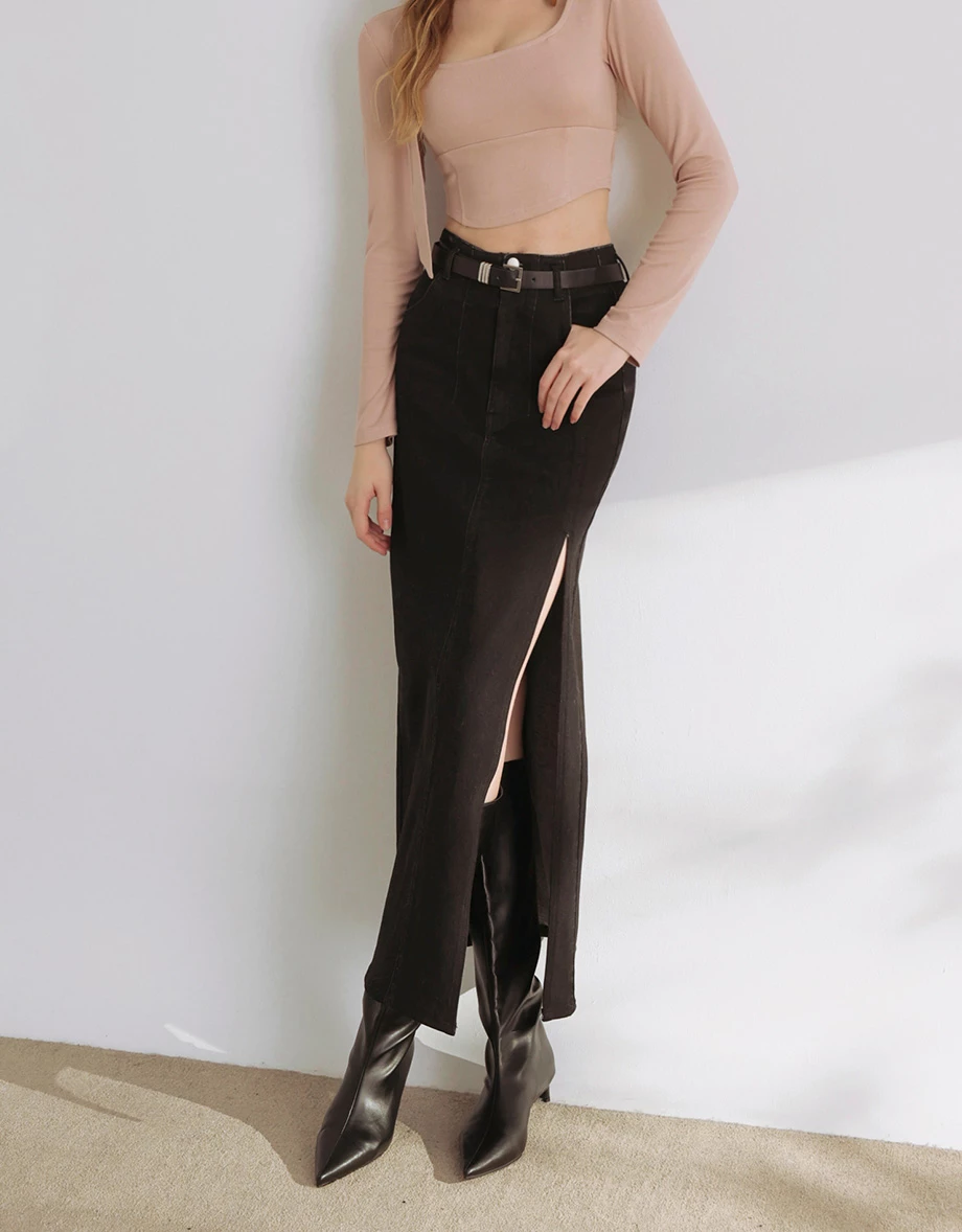 Fleece Lined High Waist Side Slit Jeans Denim Maxi Skirt (with Belt)