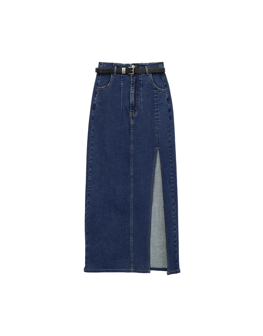 Fleece Lined High Waist Side Slit Jeans Denim Maxi Skirt (with Belt)