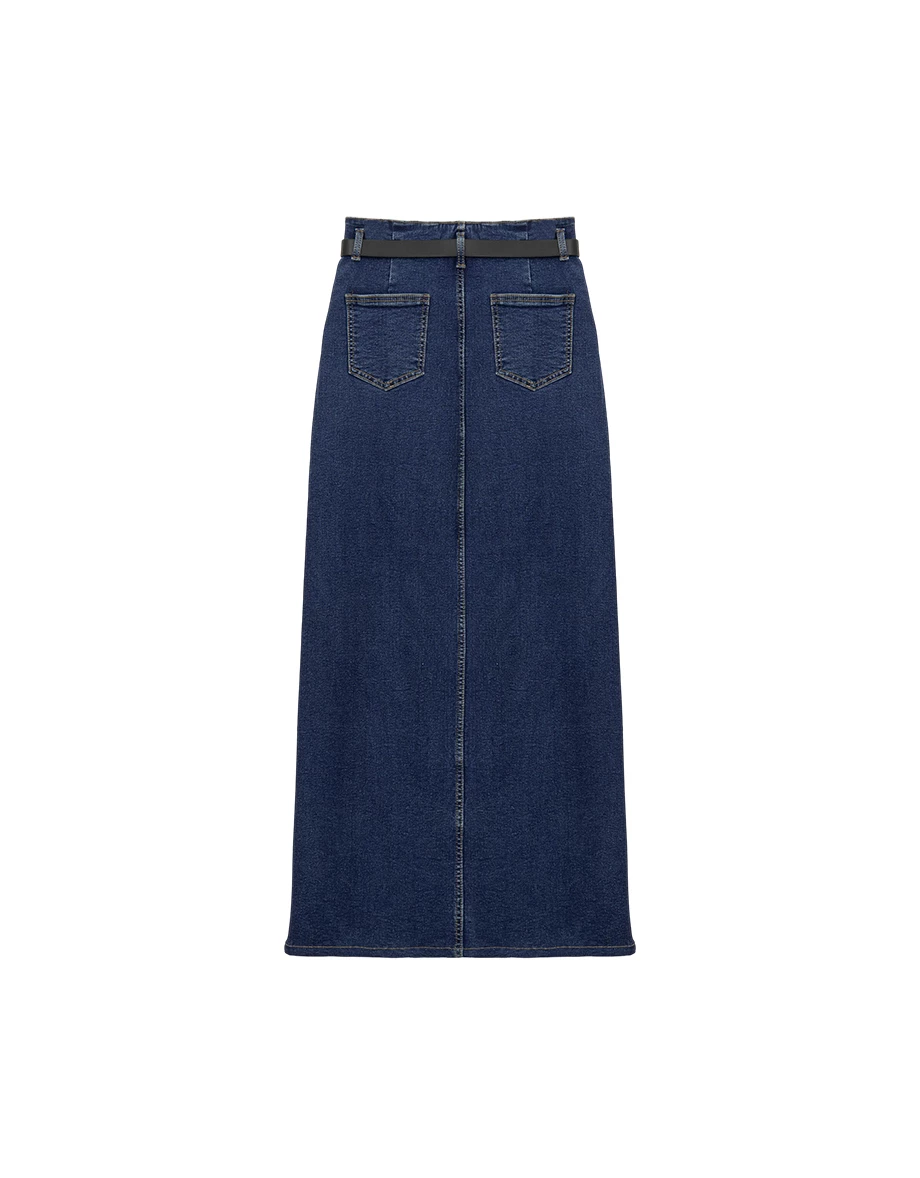 Fleece Lined High Waist Side Slit Jeans Denim Maxi Skirt (with Belt)