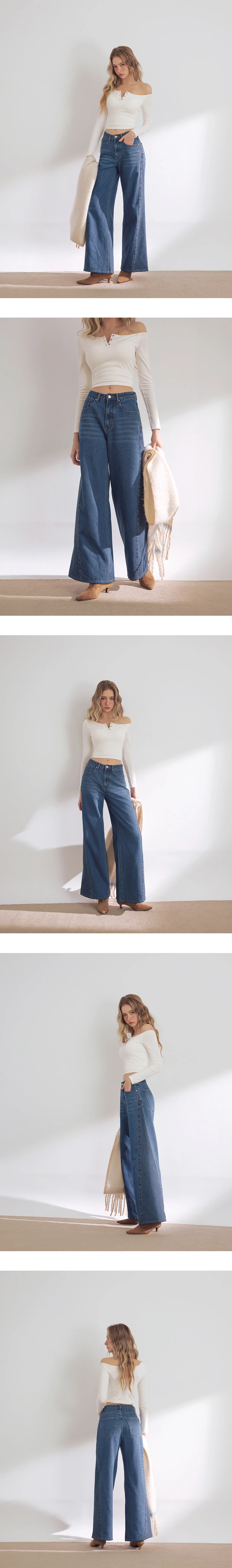 Vintage Wash High Waist Jeans Denim Wide Leg Pants