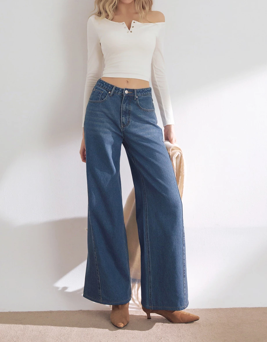 Vintage Wash High Waist Jeans Denim Wide Leg Pants