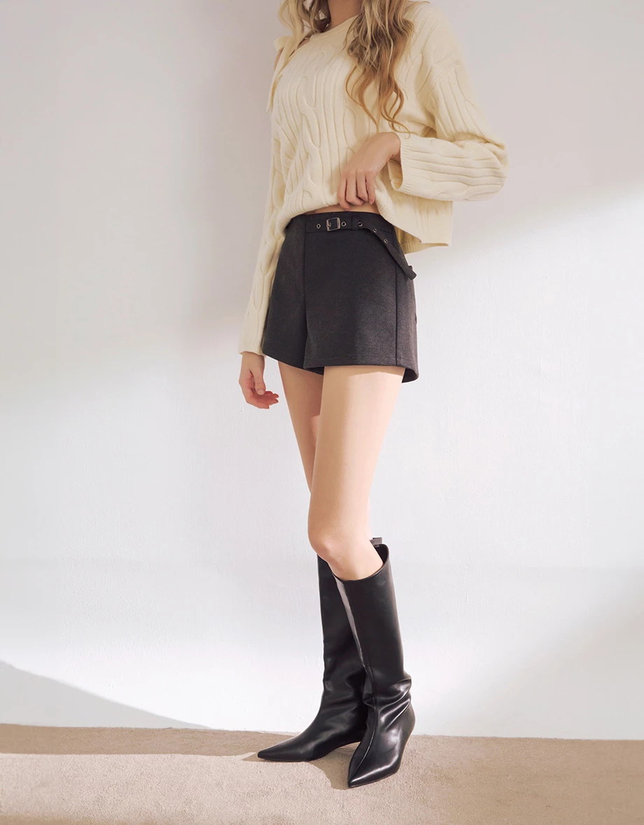 Side Belt Detail High Waist A Line Tailored Shorts