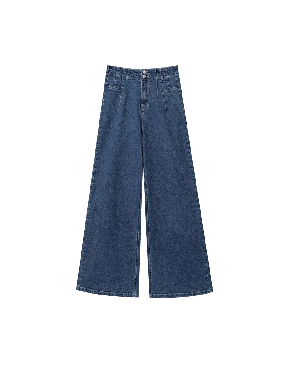 Structured Front Pleated High Waist Wide Leg Jeans Denim Pants