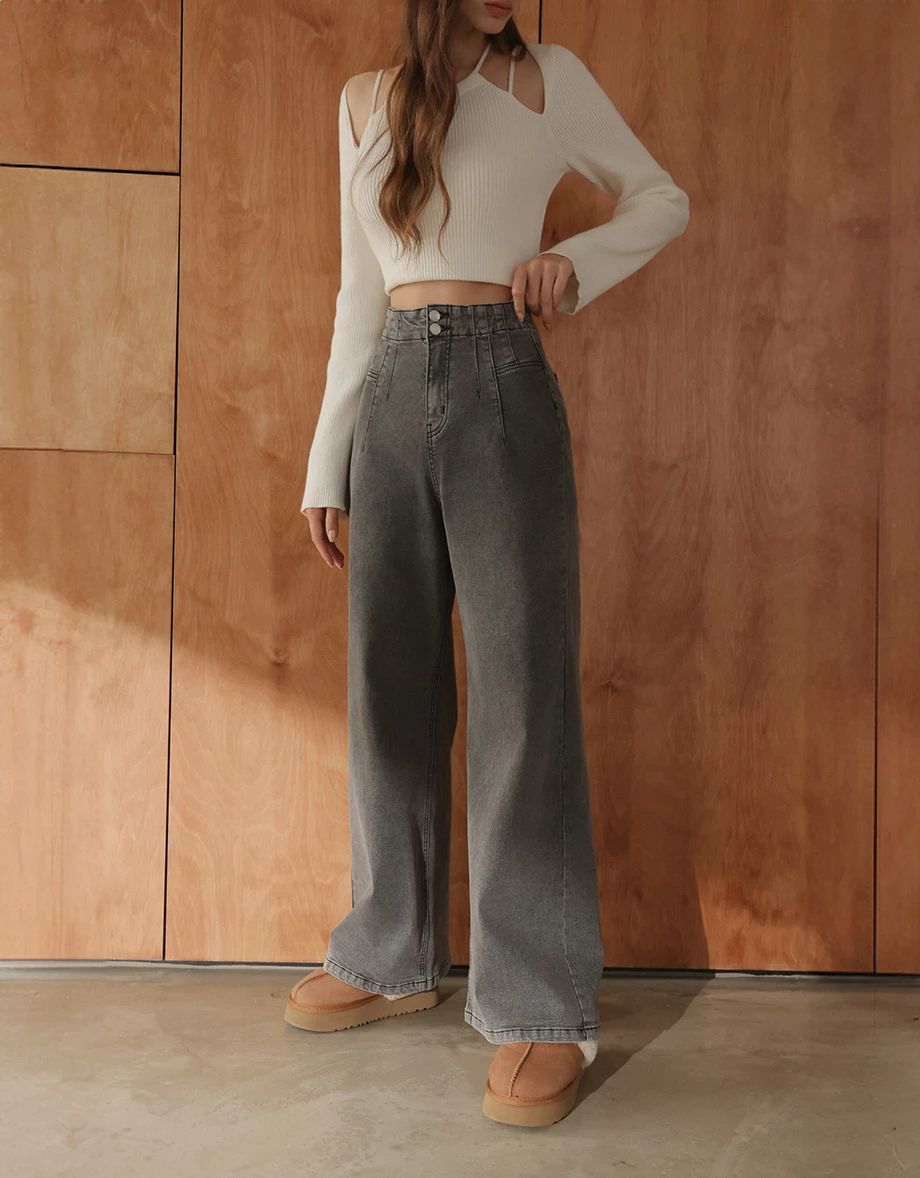 Structured Front Pleated High Waist Wide Leg Jeans Denim Pants