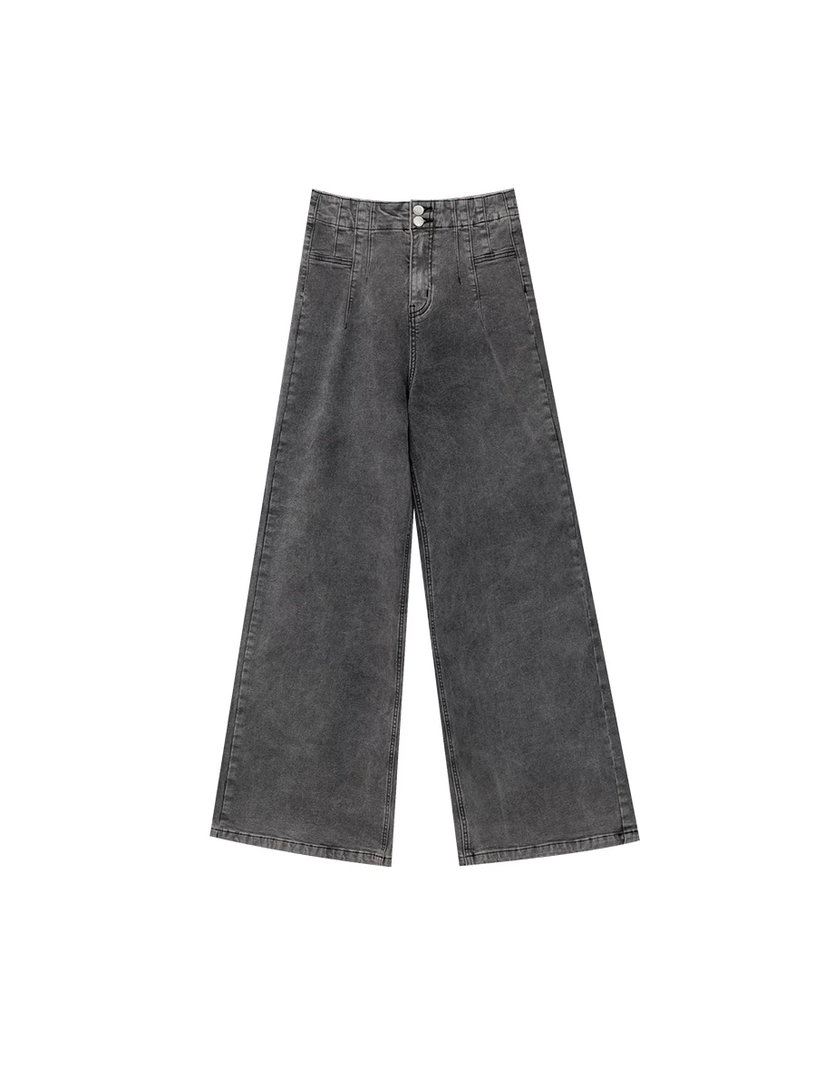 Structured Front Pleated High Waist Wide Leg Jeans Denim Pants