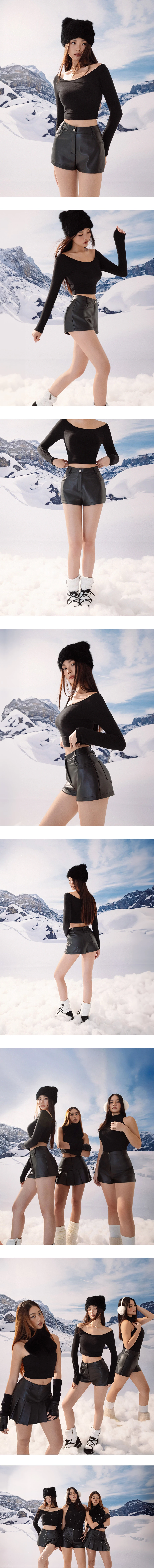 【Heat Tech】Tailored High Waist Faux Leather Shorts with Pockets