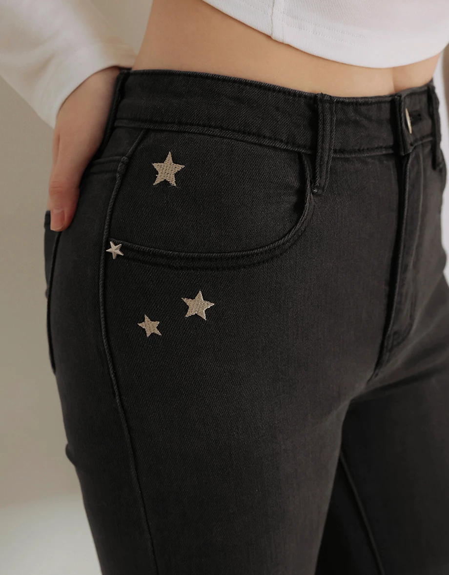 Star Studded High Waisted Slim Flare Jeans Denim Pants Star Studded High Waisted Slim Flare Jeans Denim Pants