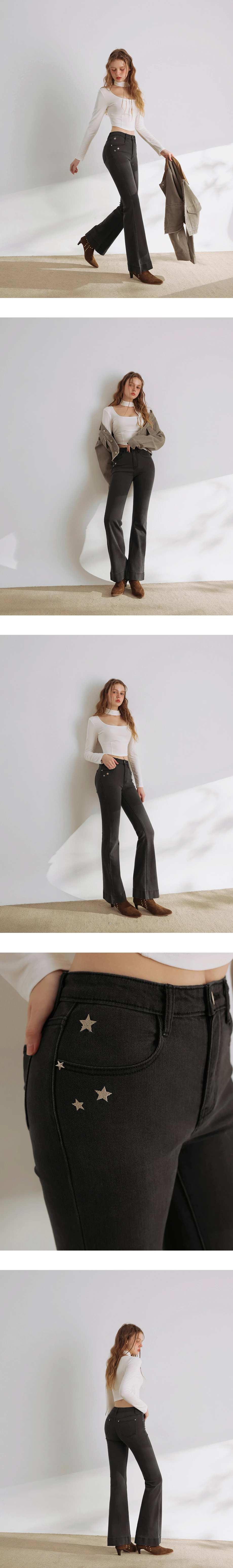 Star Studded High Waisted Slim Flare Jeans Denim Pants Star Studded High Waisted Slim Flare Jeans Denim Pants