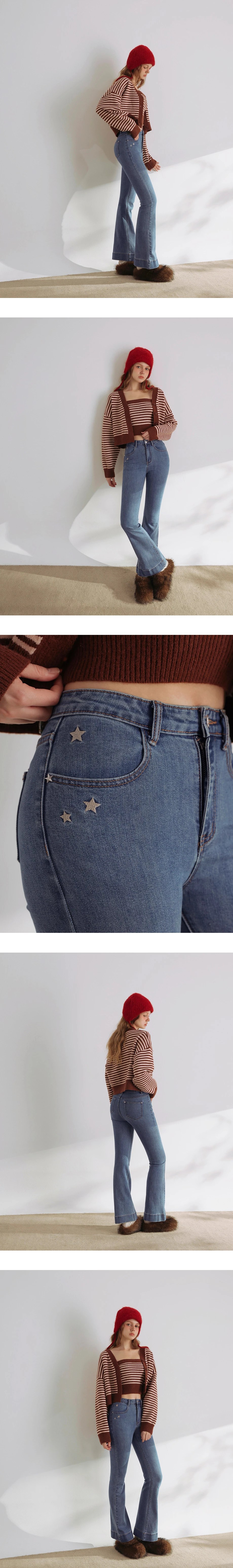 Star Studded High Waisted Slim Flare Jeans Denim Pants Star Studded High Waisted Slim Flare Jeans Denim Pants