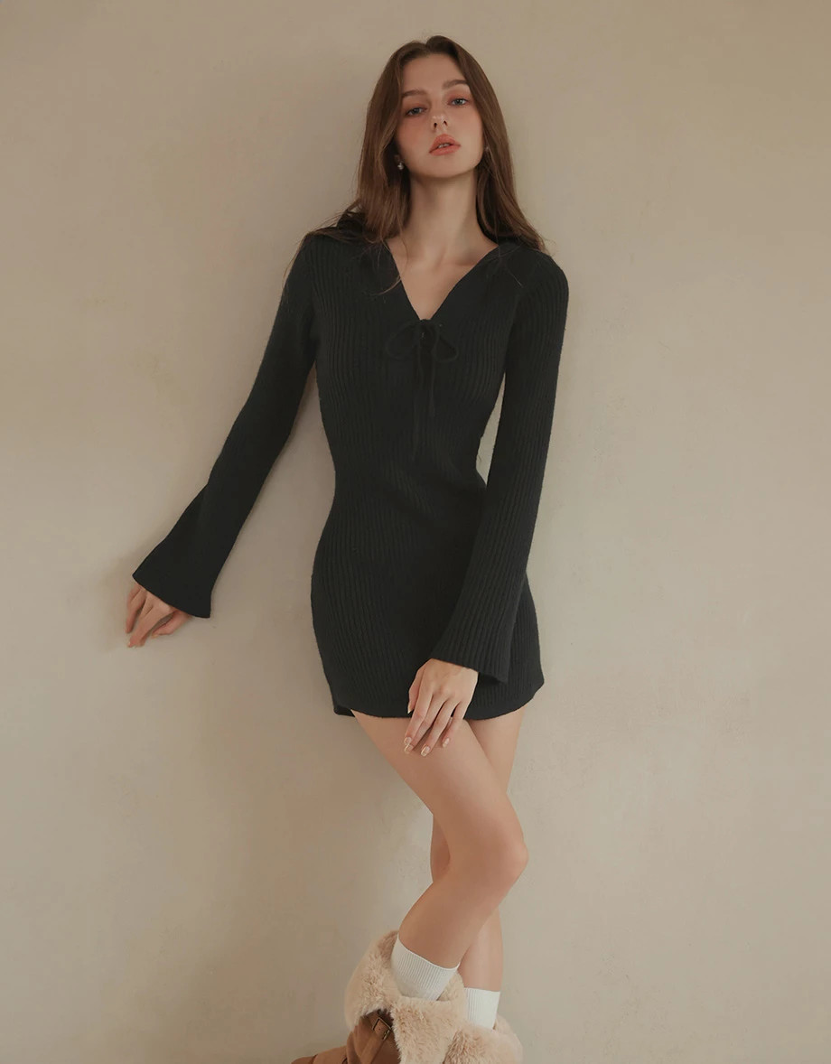 Ribbed Knit Lace Up V Neck Long Sleeve Hooded Mini Dress