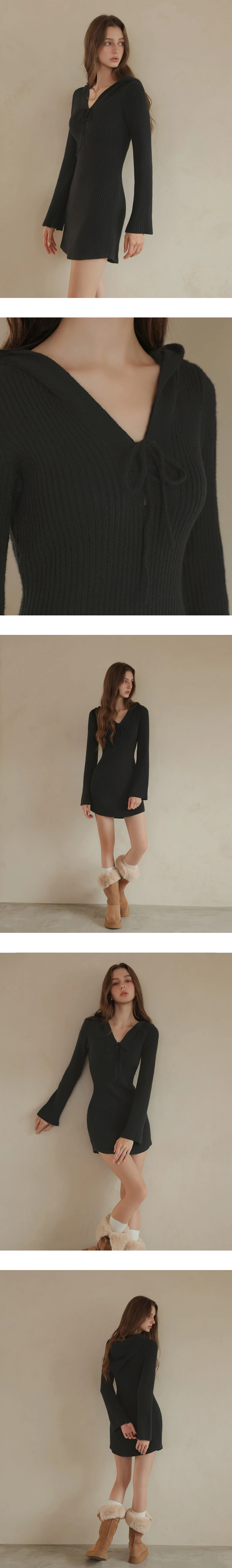 Ribbed Knit Lace Up V Neck Long Sleeve Hooded Mini Dress Ribbed Knit Lace Up V Neck Long Sleeve Hooded Mini Dress